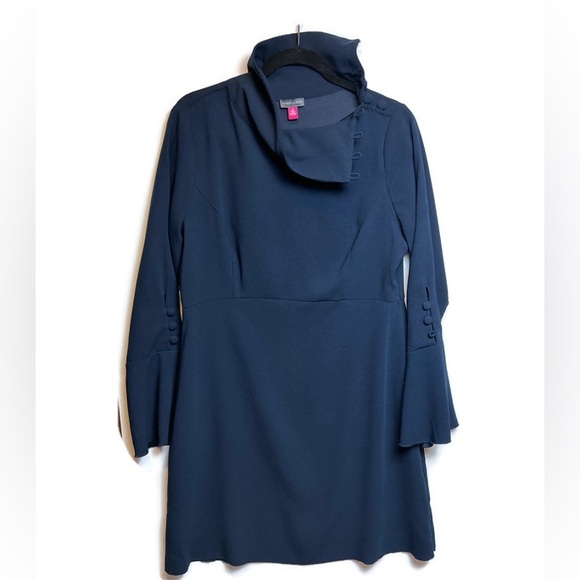 Vince Camuto Long Sleeve Dress High Neck Button Collar 12 Navy Blue - Picture 1 of 6